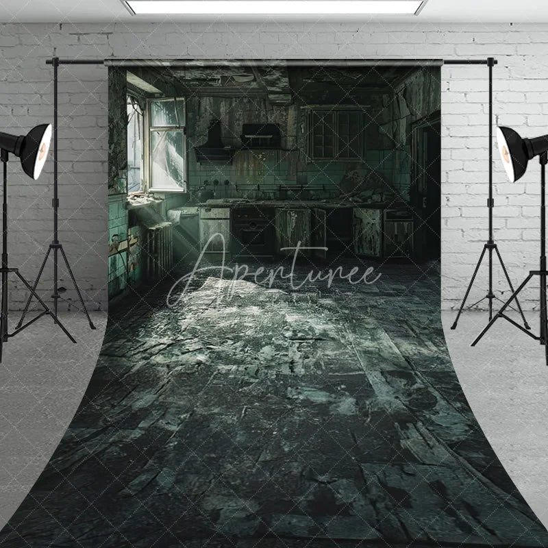 Aperturee - Aperturee Dark Green Distressed Abandoned Kitchen Sweep Backdrop Broken Window Light Ray Photography Prop
