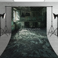 Aperturee - Aperturee Dark Green Distressed Abandoned Kitchen Sweep Backdrop Broken Window Light Ray Photography Prop