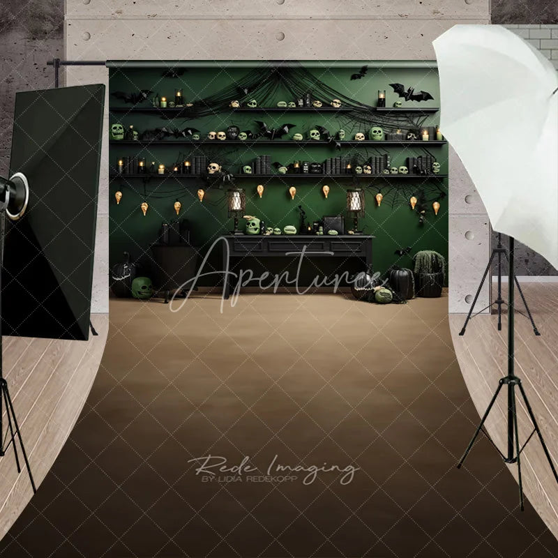 Aperturee - Aperturee Dark Green Gothic Halloween Decor Sweep Backdrop with Eerie Skulls Bats and Spiderwebs featuring Warm String Lights