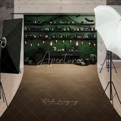 Aperturee - Aperturee Dark Green Gothic Halloween Decor Sweep Backdrop with Eerie Skulls Bats and Spiderwebs featuring Warm String Lights