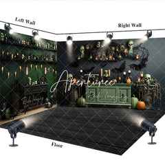 Aperturee - Aperturee Dark Green Halloween Room Set Backdrop with Spooky Skulls Pumpkins and Bats Gothic Party Decor