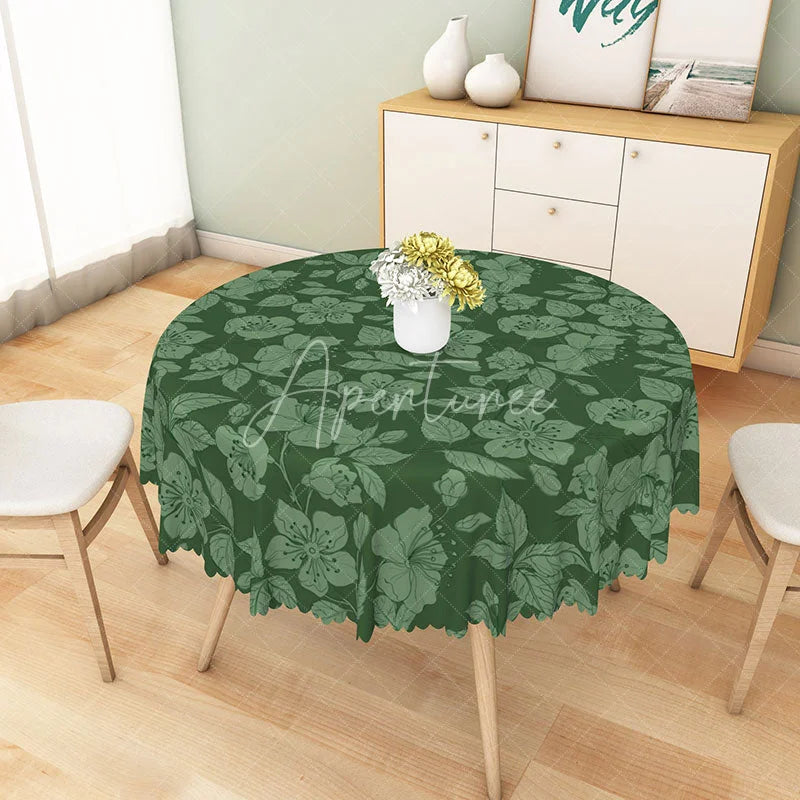 Aperturee - Aperturee Dark Green Tropical Floral Round Tablecloth Botanical Leaf and Flower Table Cover for Garden Party