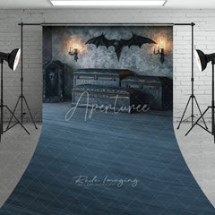 Aperturee - Aperturee Dark Grey Gothic Halloween Sweep Backdrop with Bat Winged Skull and Ornate Chests Elegant Spooky Party Decor