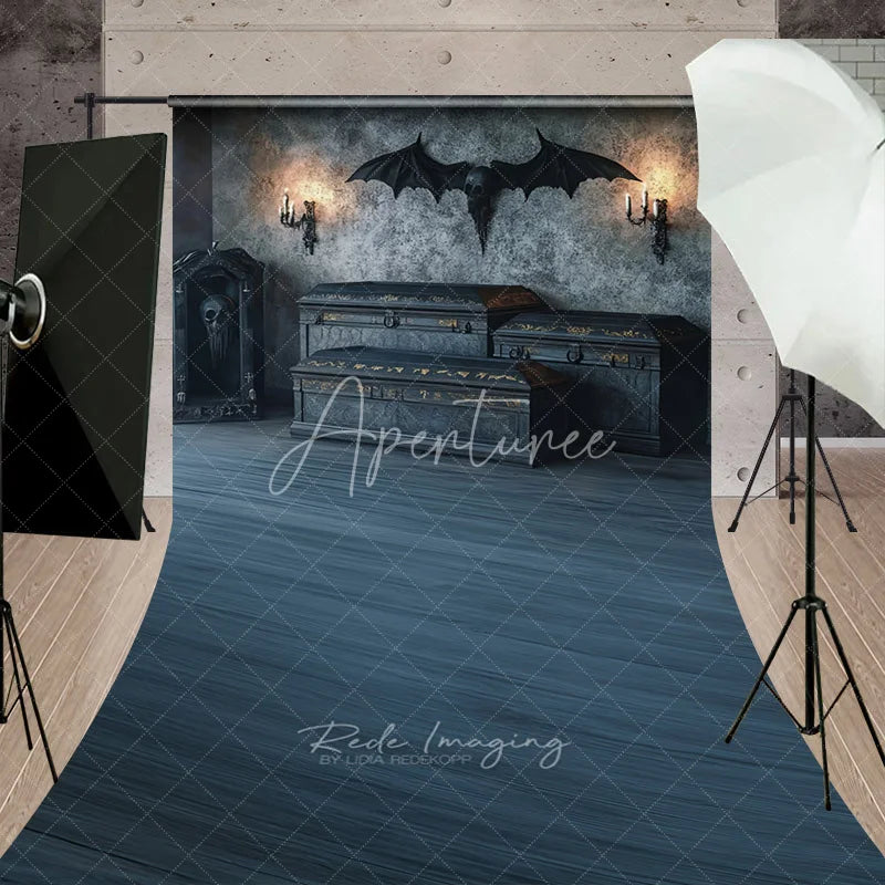 Aperturee - Aperturee Dark Grey Gothic Halloween Sweep Backdrop with Bat Winged Skull and Ornate Chests Elegant Spooky Party Decor