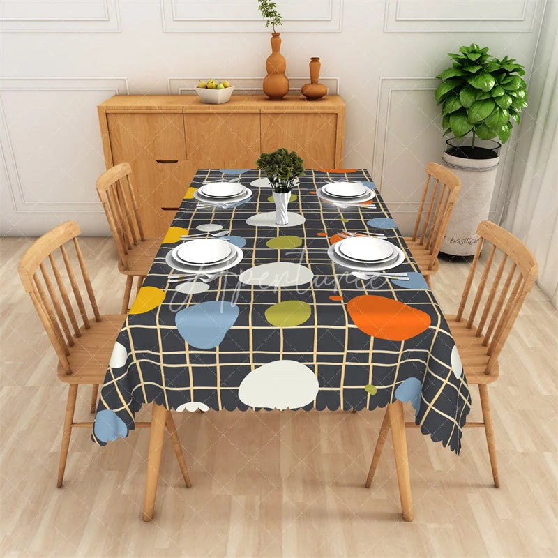 Aperturee - Aperturee Dark Grey Rectangle Tablecloth with Colorful Abstract Blobs and Grid Pattern Modern Scalloped Edge Decor