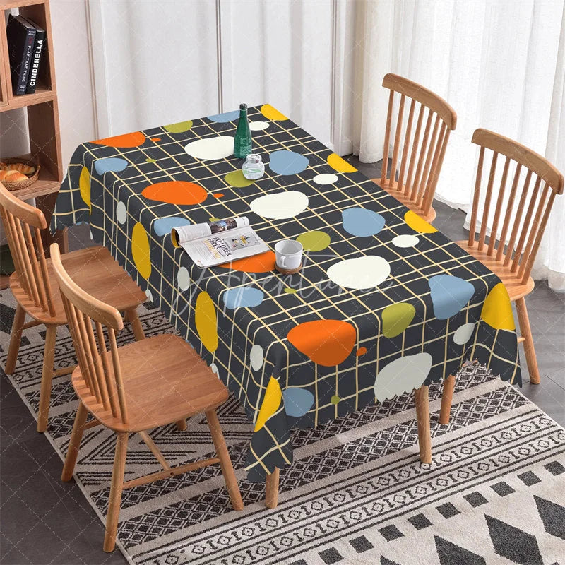 Aperturee - Aperturee Dark Grey Rectangle Tablecloth with Colorful Abstract Blobs and Grid Pattern Modern Scalloped Edge Decor
