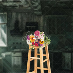 Aperturee - Aperturee Dark Grunge Ruined Kitchen Photography Backdrop with Broken Window and Peeling Paint Urban Decay Industrial Theme