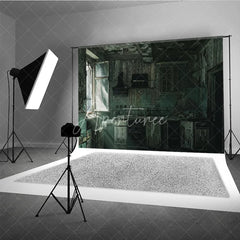 Aperturee - Aperturee Dark Grunge Ruined Kitchen Photography Backdrop with Broken Window and Peeling Paint Urban Decay Industrial Theme