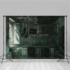 Aperturee - Aperturee Dark Grunge Ruined Kitchen Photography Backdrop with Broken Window and Peeling Paint Urban Decay Industrial Theme