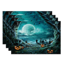 Aperturee - Aperturee Dark Halloween Night Set of 4 Placemats with Moon Bats and Withered Trees for Gothic Spooky Decor