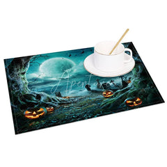 Aperturee - Aperturee Dark Halloween Night Set of 4 Placemats with Moon Bats and Withered Trees for Gothic Spooky Decor