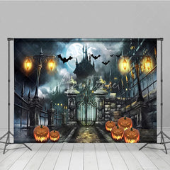 Aperturee - Aperturee Dark Haunted Castle and Full Moon Halloween Holiday Backdrop Featuring Flying Bats and Glowing Jack-o’-Lanterns