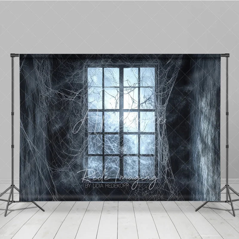 Aperturee - Aperturee Dark Haunted Window with Spiderwebs Holiday Backdrop Eerie Gothic Halloween Party Decor