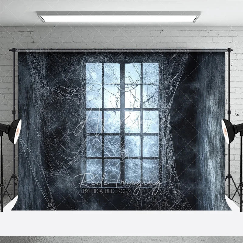 Aperturee - Aperturee Dark Haunted Window with Spiderwebs Holiday Backdrop Eerie Gothic Halloween Party Decor