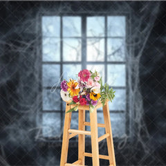 Aperturee - Aperturee Dark Haunted Window with Spiderwebs Holiday Backdrop Eerie Gothic Halloween Party Decor