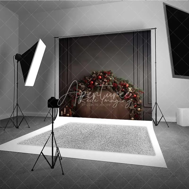 Aperturee - Aperturee Dark Moody Christmas Bed Backdrop Leather Headboard Pine Cone Garland Black Wall Photo Background