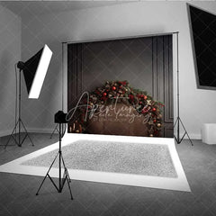 Aperturee - Aperturee Dark Moody Christmas Bed Backdrop Leather Headboard Pine Cone Garland Black Wall Photo Background