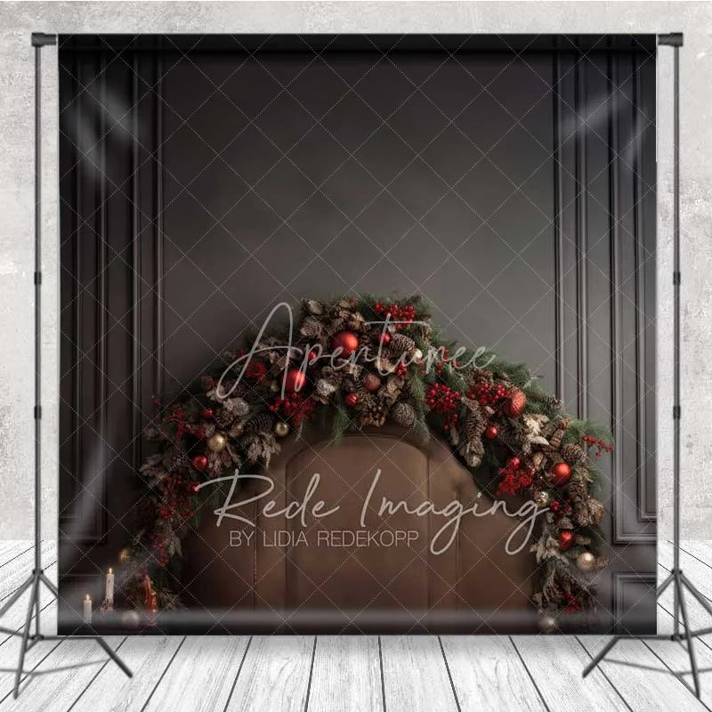 Aperturee - Aperturee Dark Moody Christmas Bed Backdrop Leather Headboard Pine Cone Garland Black Wall Photo Background