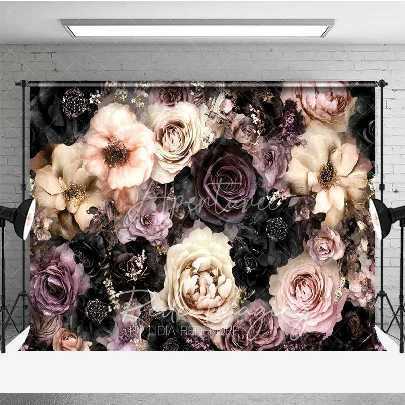 Aperturee - Aperturee Dark Moody Floral Photography Backdrop Black Pink Roses Gold Glitter Background Vintage Gothic Photo Prop