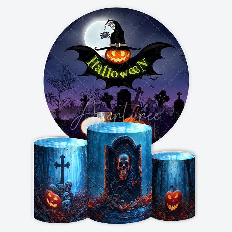 Aperturee - Aperturee Dark Purple Halloween Graveyard Round Backdrop Kit with Witch Hat Pumpkin and Skulls Spooky Party Decor