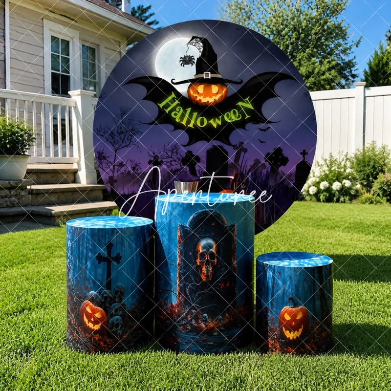Aperturee - Aperturee Dark Purple Halloween Graveyard Round Backdrop Kit with Witch Hat Pumpkin and Skulls Spooky Party Decor