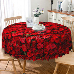 Aperturee - Aperturee Dark Red Rose Round Tablecloth Realistic Flower Bloom Table Cover for Anniversary