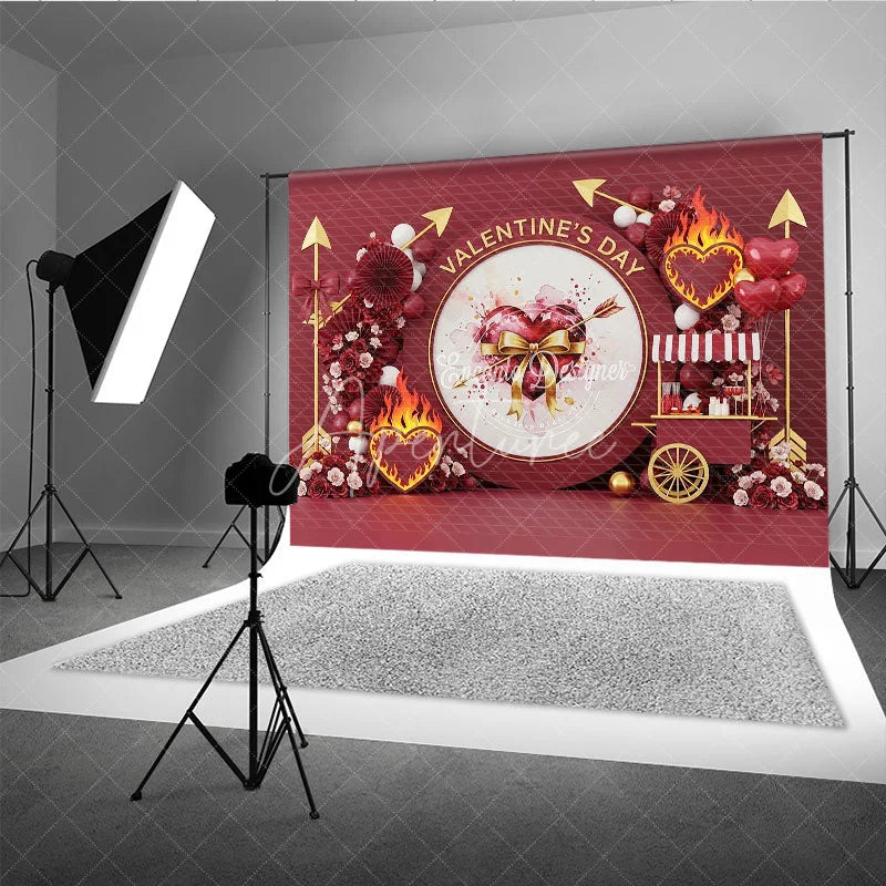 Aperturee - Aperturee Dark Red Valentine Day Backdrop Cupid Arrow Flaming Heart Flower Cart Background Passionate Photography Prop