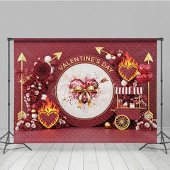 Aperturee - Aperturee Dark Red Valentine Day Backdrop Cupid Arrow Flaming Heart Flower Cart Background Passionate Photography Prop