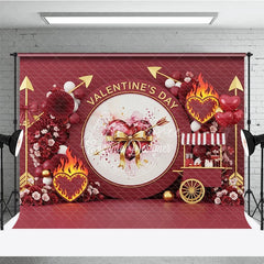 Aperturee - Aperturee Dark Red Valentine Day Backdrop Cupid Arrow Flaming Heart Flower Cart Background Passionate Photography Prop