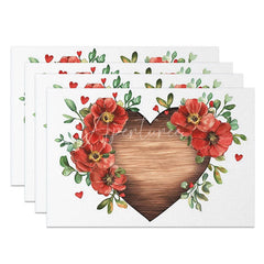 Aperturee - Aperturee Dark Wood Heart Floral Set of 4 Placemats Red Flower Valentine Decoration Rustic Love Dining Table Mat