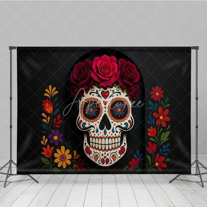 Aperturee - Aperturee Day of the Dead Photography Backdrop Floral Sugar Skull Calavera for Dia de los Muertos Halloween Altar Decor