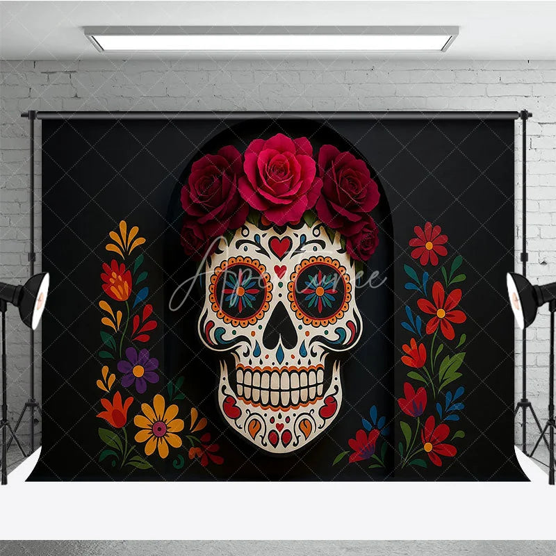 Aperturee - Aperturee Day of the Dead Photography Backdrop Floral Sugar Skull Calavera for Dia de los Muertos Halloween Altar Decor