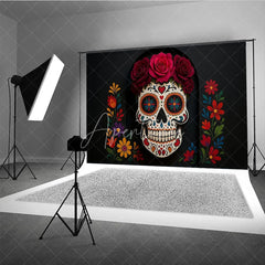Aperturee - Aperturee Day of the Dead Photography Backdrop Floral Sugar Skull Calavera for Dia de los Muertos Halloween Altar Decor