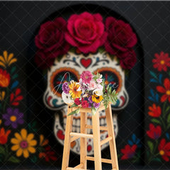 Aperturee - Aperturee Day of the Dead Photography Backdrop Floral Sugar Skull Calavera for Dia de los Muertos Halloween Altar Decor