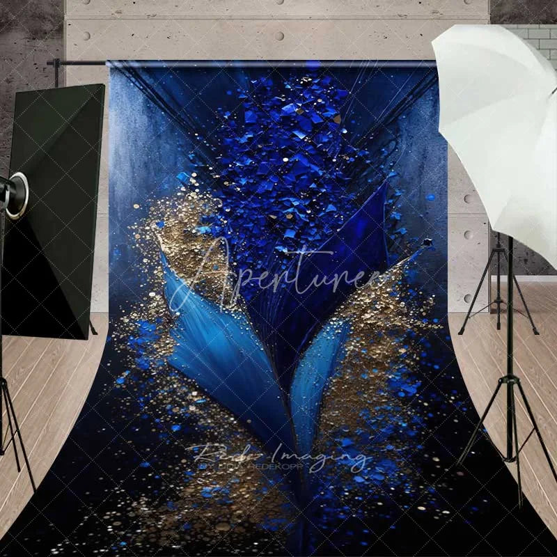 Aperturee - Aperturee Deep Blue and Gold Abstract Burst Backdrop Geometric Shards and Glitter Photography Background