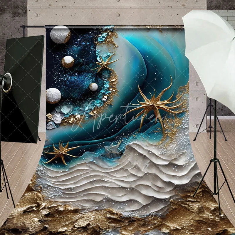 Aperturee - Aperturee Deep Blue and Gold Abstract Ocean Waves Sweep Backdrop with Sparkling Starfish Elegant Photography Studio Decor