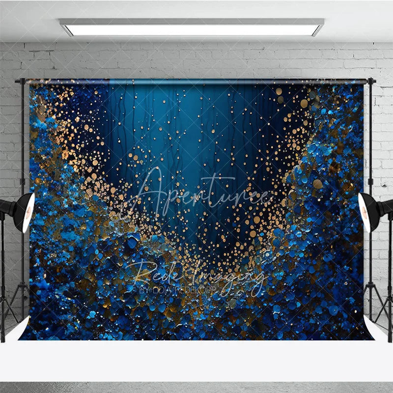 Aperturee - Aperturee Deep Blue and Gold Glitter Abstract Photography Backdrop Luxurious Shimmering Texture for Portraits