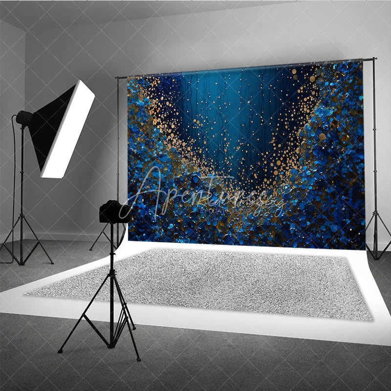 Aperturee - Aperturee Deep Blue and Gold Glitter Abstract Photography Backdrop Luxurious Shimmering Texture for Portraits