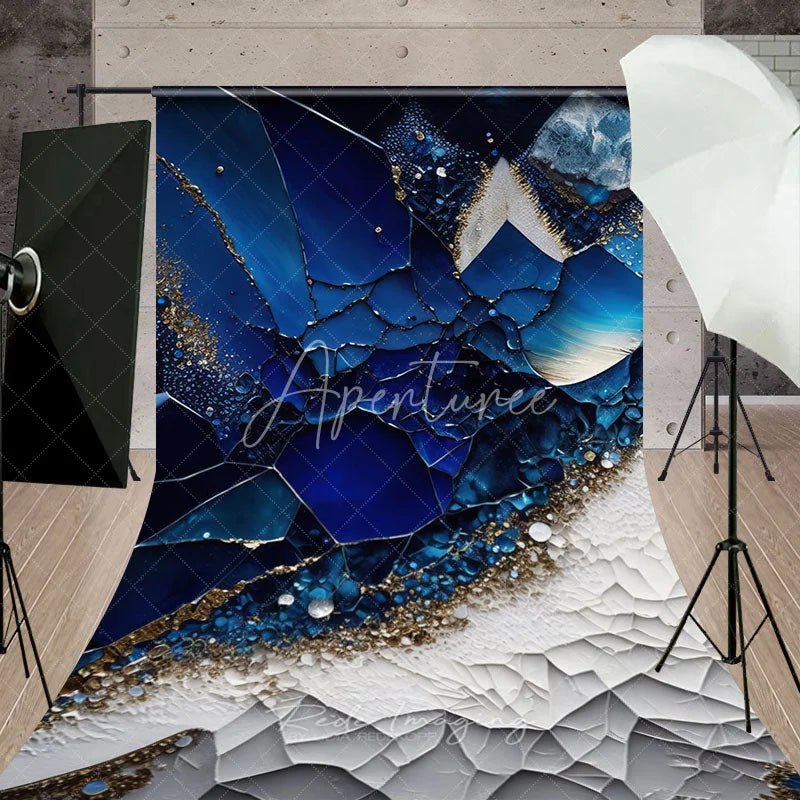 Aperturee - Aperturee Deep Blue and Gold Glitter Abstract Sweep Backdrop Luxurious Geometric Mosaic Design for Photography