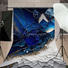 Aperturee - Aperturee Deep Blue and Gold Glitter Abstract Sweep Backdrop Luxurious Geometric Mosaic Design for Photography