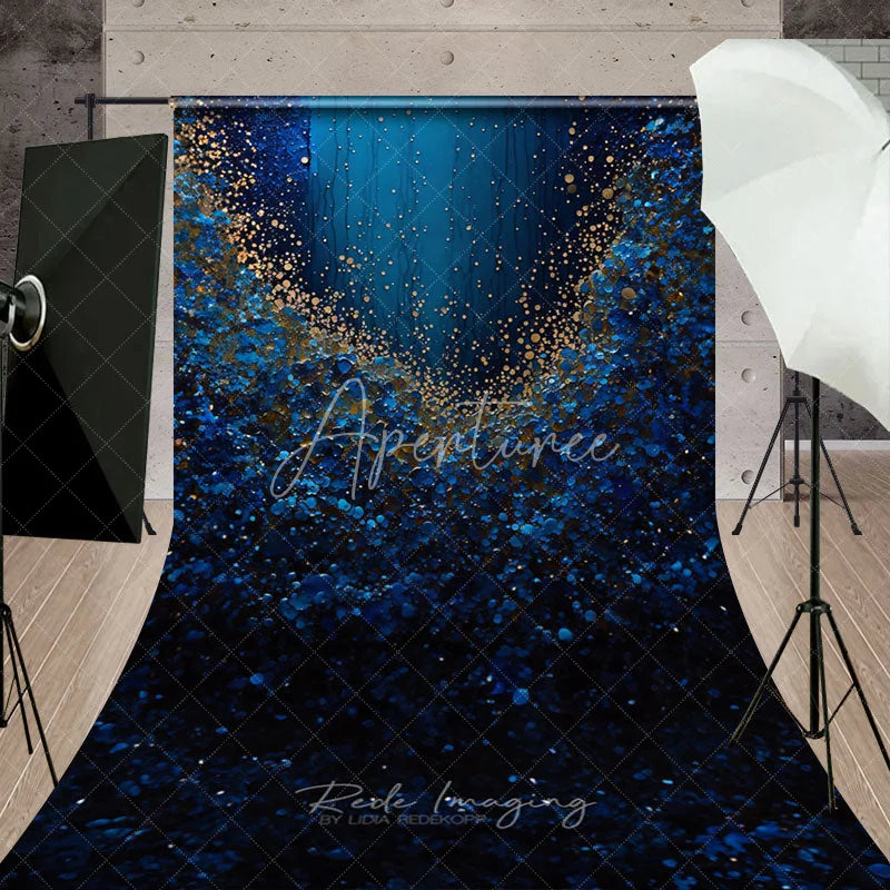 Aperturee - Aperturee Deep Blue and Golden Glitter Shimmer Sweep Backdrop Elegant Abstract Party Photography Background