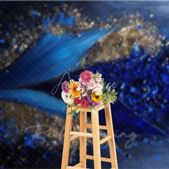 Aperturee - Aperturee Deep Blue Fluid Art and Gold Glitter Backdrop Geometric Petals Photography Background Elegant Modern Party Decor