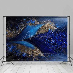Aperturee - Aperturee Deep Blue Fluid Art and Gold Glitter Backdrop Geometric Petals Photography Background Elegant Modern Party Decor
