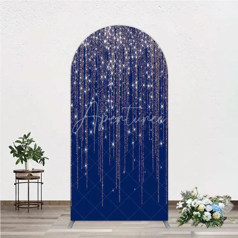 Aperturee - Aperturee Deep Blue Rose Gold Glitter Cascading Stars Round Top Arch Backdrop Elegant Celebration Party Decor
