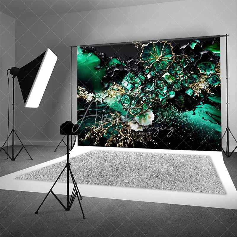 Aperturee - Aperturee Deep Green Floral Crystal Abstract Backdrop Gold Veins and Blossoms Photography Background Elegant Event Decor