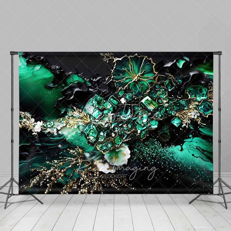 Aperturee - Aperturee Deep Green Floral Crystal Abstract Backdrop Gold Veins and Blossoms Photography Background Elegant Event Decor