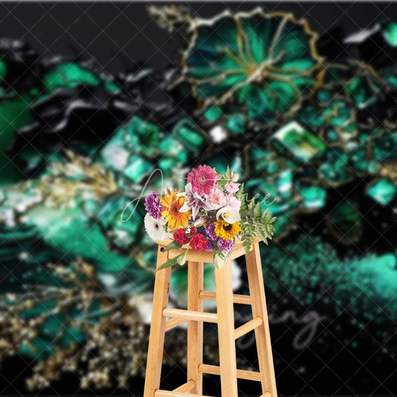 Aperturee - Aperturee Deep Green Floral Crystal Abstract Backdrop Gold Veins and Blossoms Photography Background Elegant Event Decor