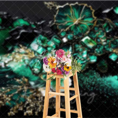 Aperturee - Aperturee Deep Green Floral Crystal Abstract Backdrop Gold Veins and Blossoms Photography Background Elegant Event Decor