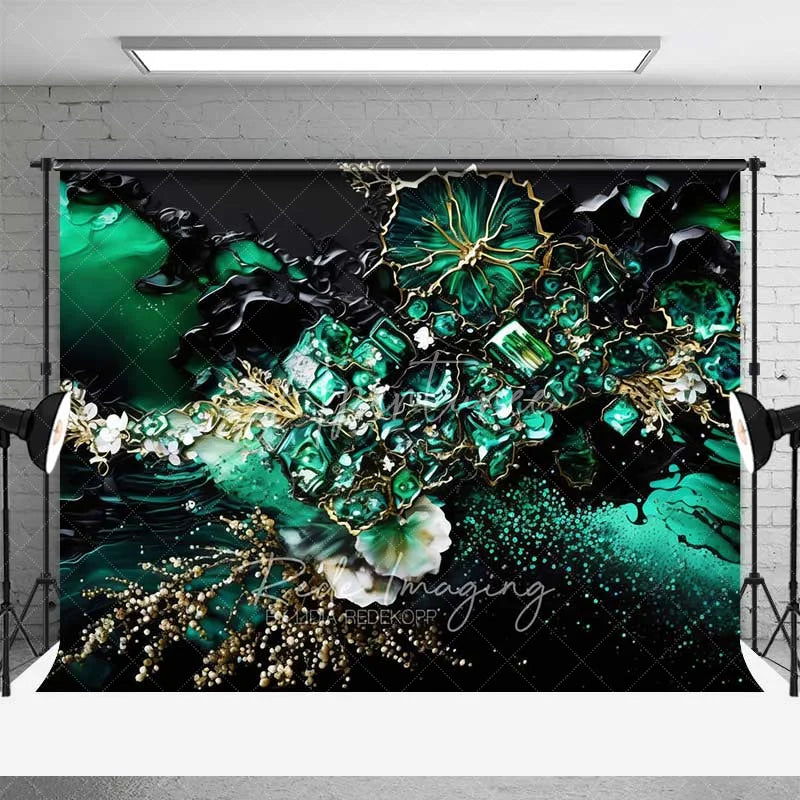 Aperturee - Aperturee Deep Green Floral Crystal Abstract Backdrop Gold Veins and Blossoms Photography Background Elegant Event Decor