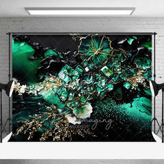 Aperturee - Aperturee Deep Green Floral Crystal Abstract Backdrop Gold Veins and Blossoms Photography Background Elegant Event Decor